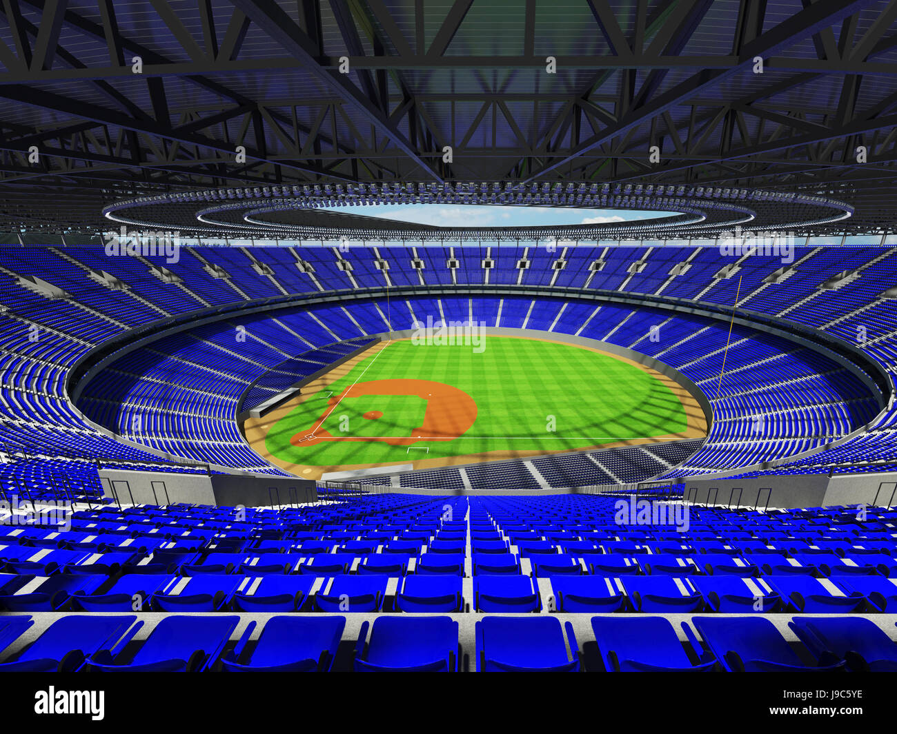 3D render of baseball stadium with blue seats, VIP boxes and floodlights for hundred thousand people Stock Photo