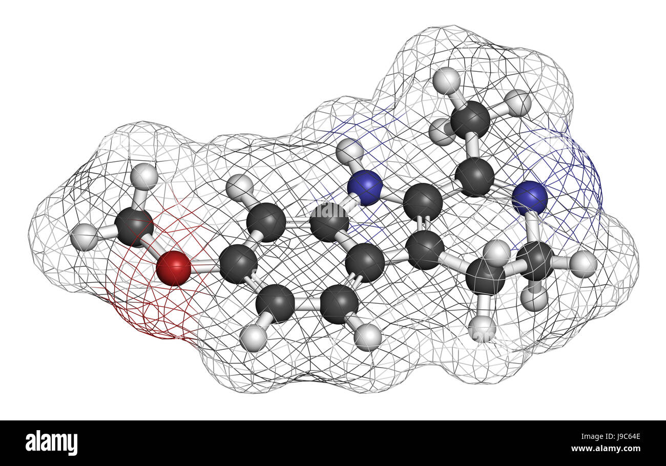 Harmaline indole alkaloid molecule. Found in Syrian rue (Peganum harmala). 3D rendering. Atoms are represented as spheres with conventional color codi Stock Photo