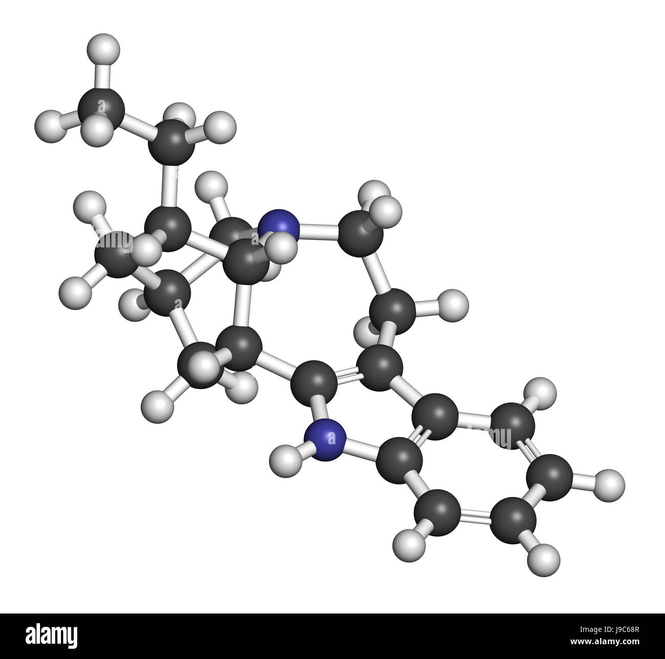 Ibogamine alkaloid molecule, found in Tabernanthe iboga. 3D rendering. Atoms are represented as spheres with conventional color coding: hydrogen (whit Stock Photo