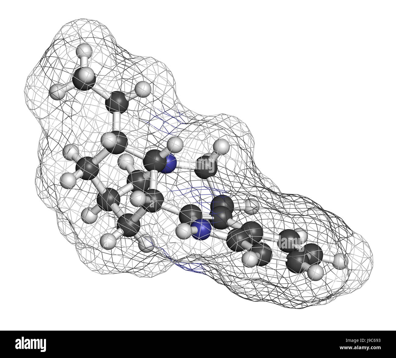 Ibogamine alkaloid molecule, found in Tabernanthe iboga. 3D rendering. Atoms are represented as spheres with conventional color coding: hydrogen (whit Stock Photo