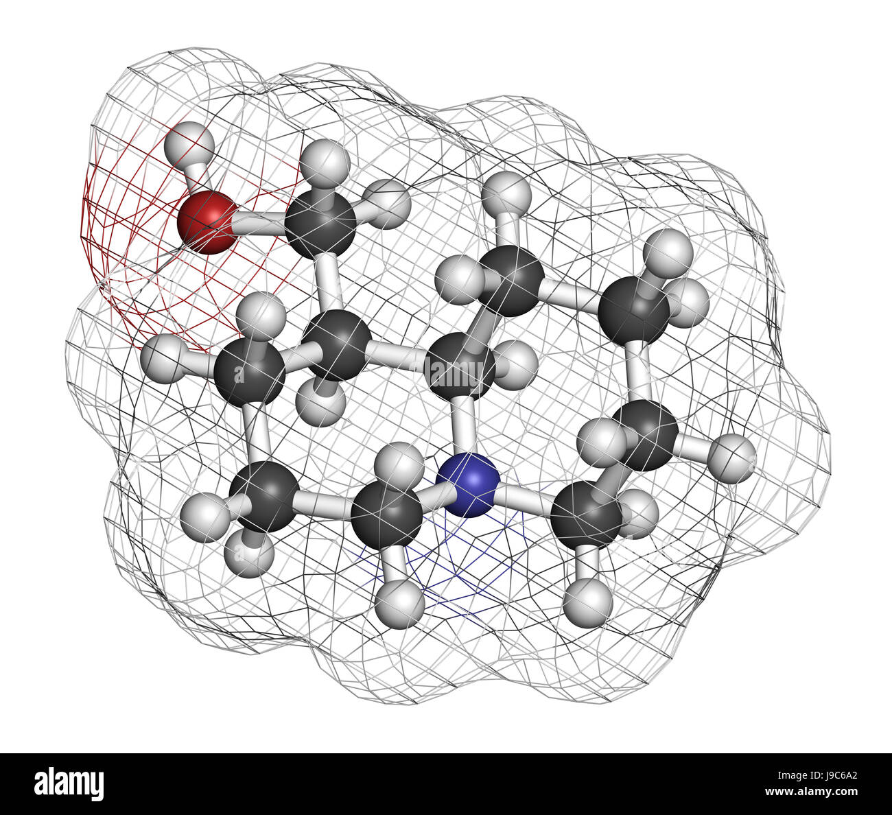 lupinine lupin alkaloid molecule. 3D rendering. Atoms are represented ...