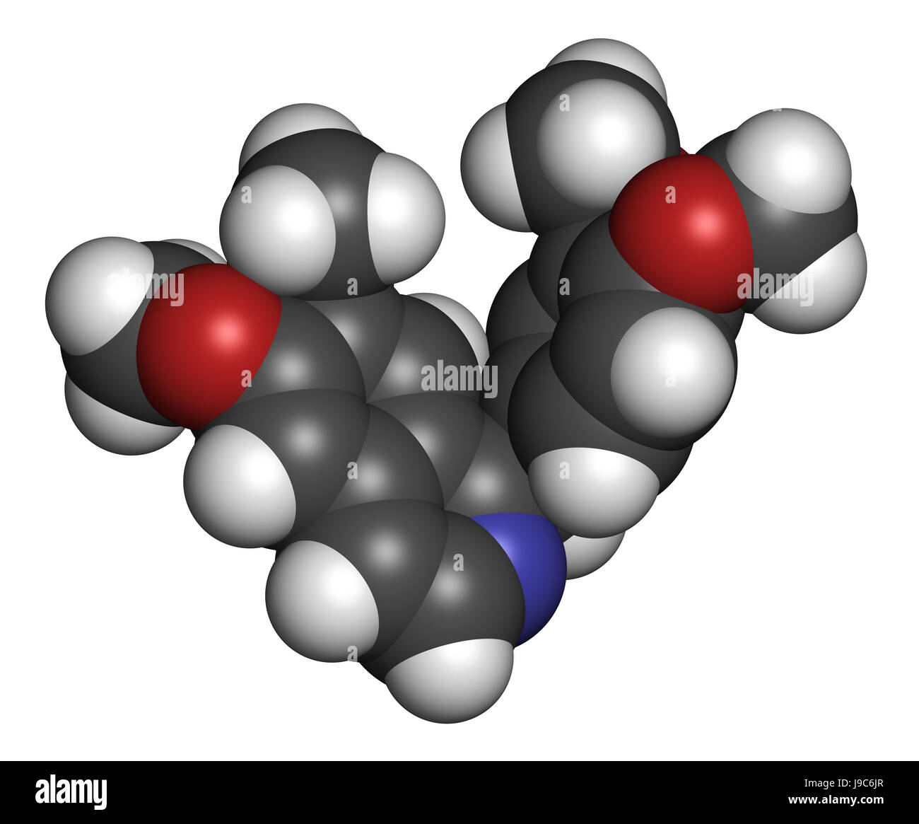 Papaverine opium alkaloid molecule. Used as antispasmodic drug. 3D rendering. Atoms are represented as spheres with conventional color coding: hydroge Stock Photo