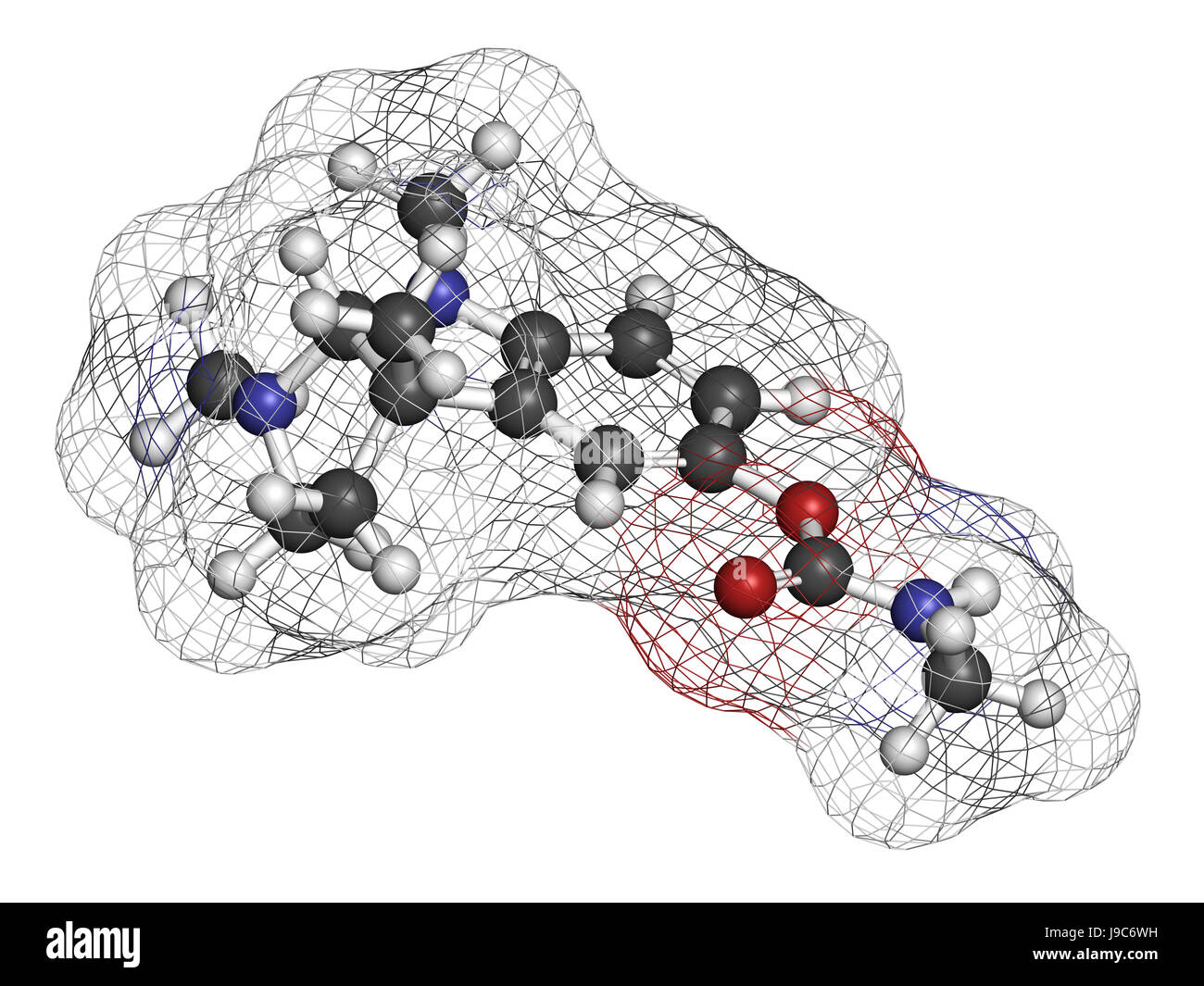 Physostigmine alkaloid molecule. Present in calabar bean and manchineel tree, acts as acetylcholinesterase inhibitor. 3D rendering. Atoms are represen Stock Photo