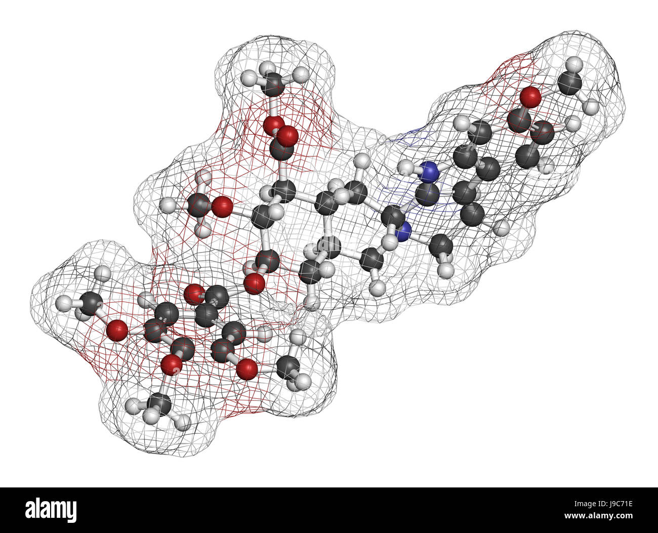 Reserpine alkaloid molecule. Isolated from Rauwolfia serpentina (Indian snakeroot). 3D rendering. Stock Photo