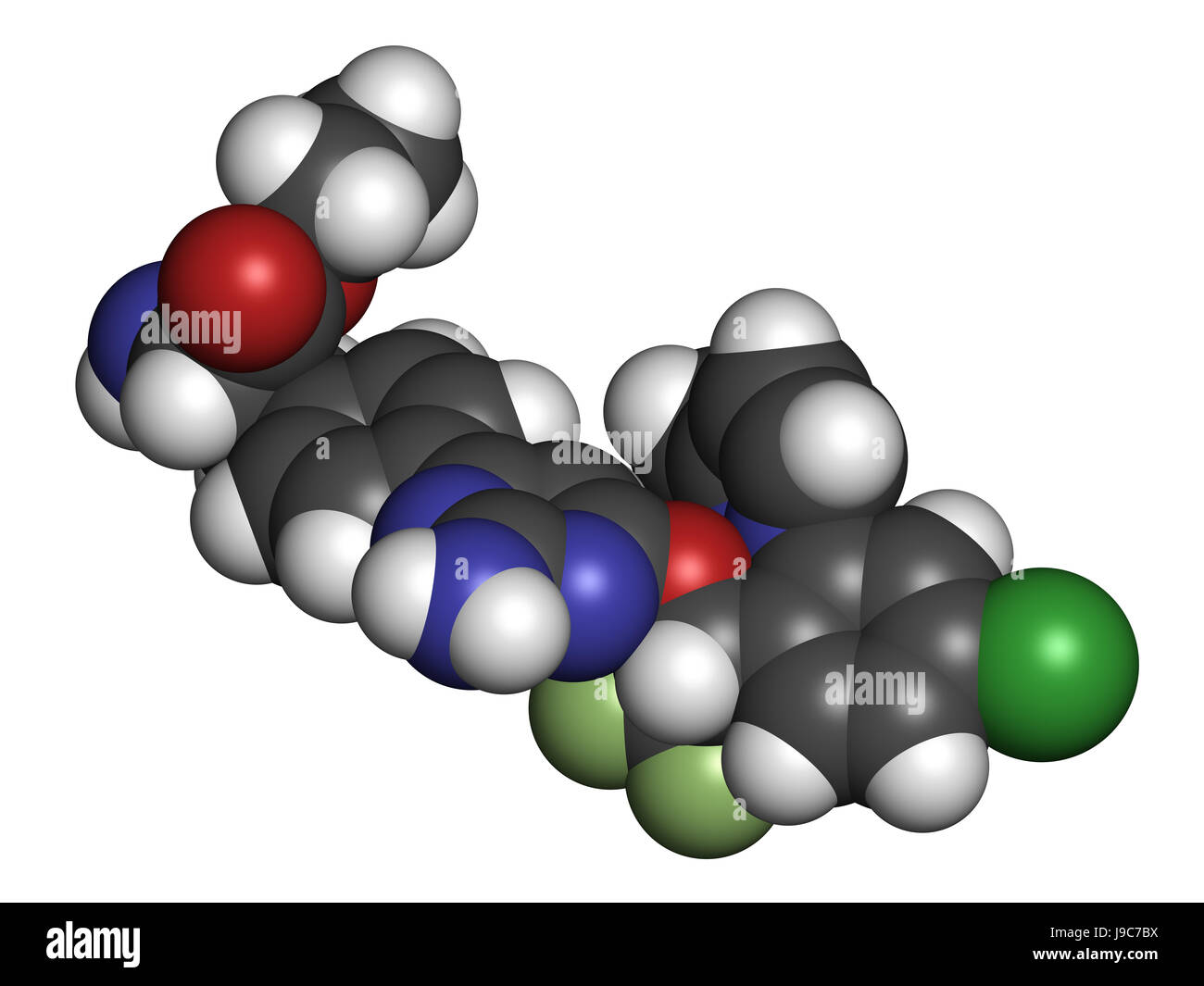 Telotristat ethyl drug molecule (tryptophan hydroxylase inhibitor). 3D rendering. Atoms are represented as spheres with conventional color coding. Stock Photo
