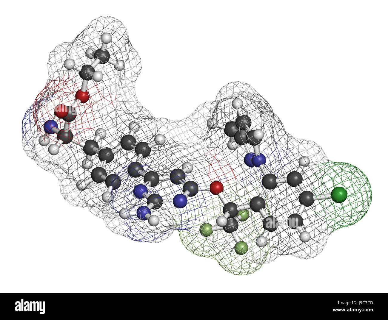 Telotristat ethyl drug molecule (tryptophan hydroxylase inhibitor). 3D rendering. Atoms are represented as spheres with conventional color coding. Stock Photo