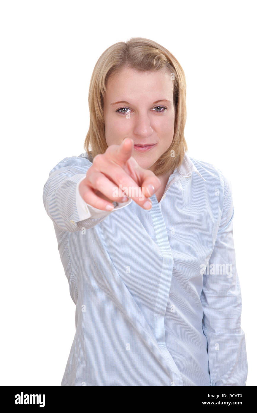 woman, indicate, show, finger, body language, point out, choose, young