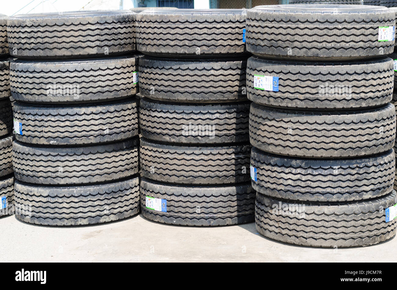 New truck tires stack up Stock Photo