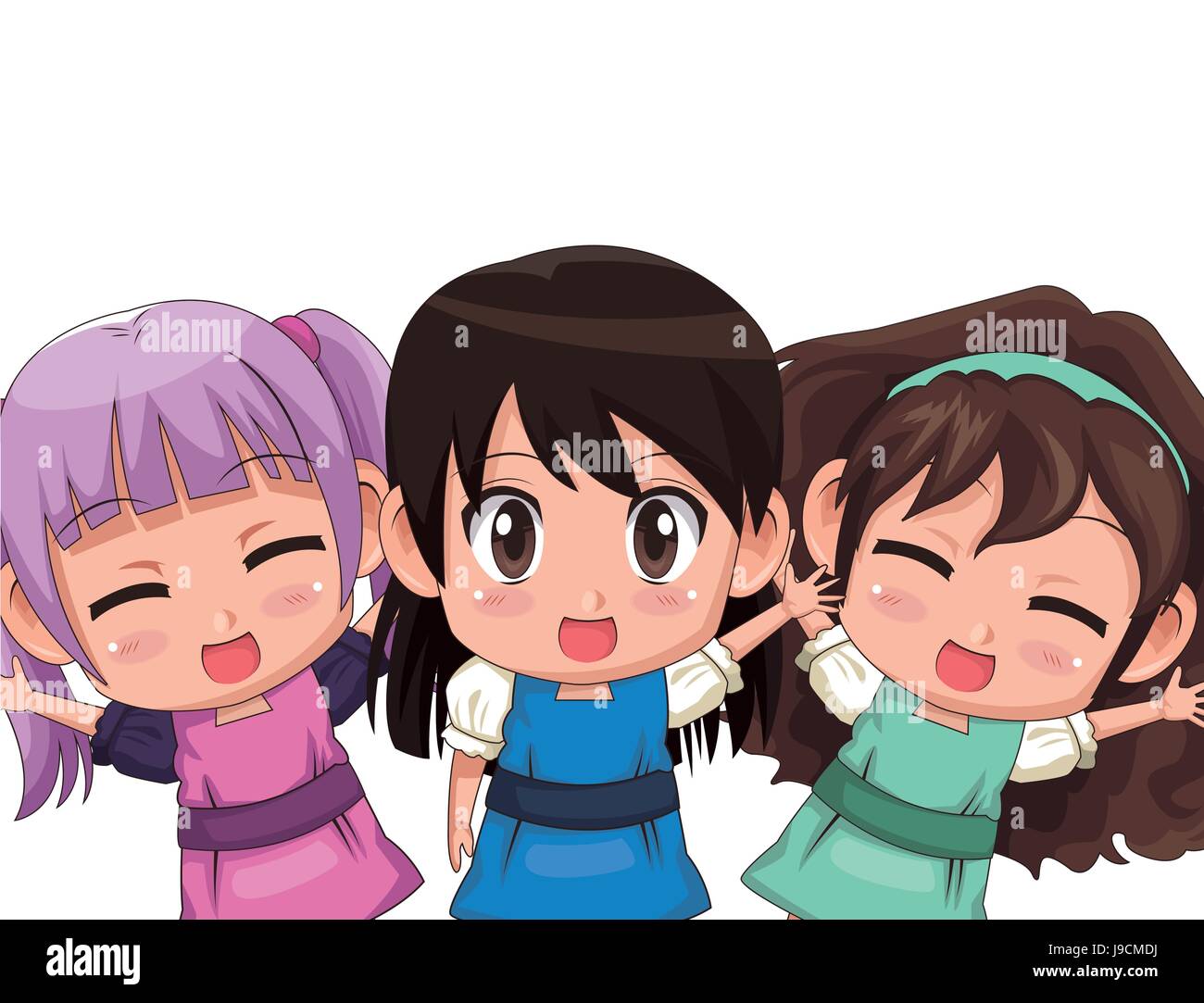 Set of three anime girls. Cute girls with big eyes and wearing japanese  school uniform. Hand drawn vector illustration isolated on white Stock  Vector Image & Art - Alamy