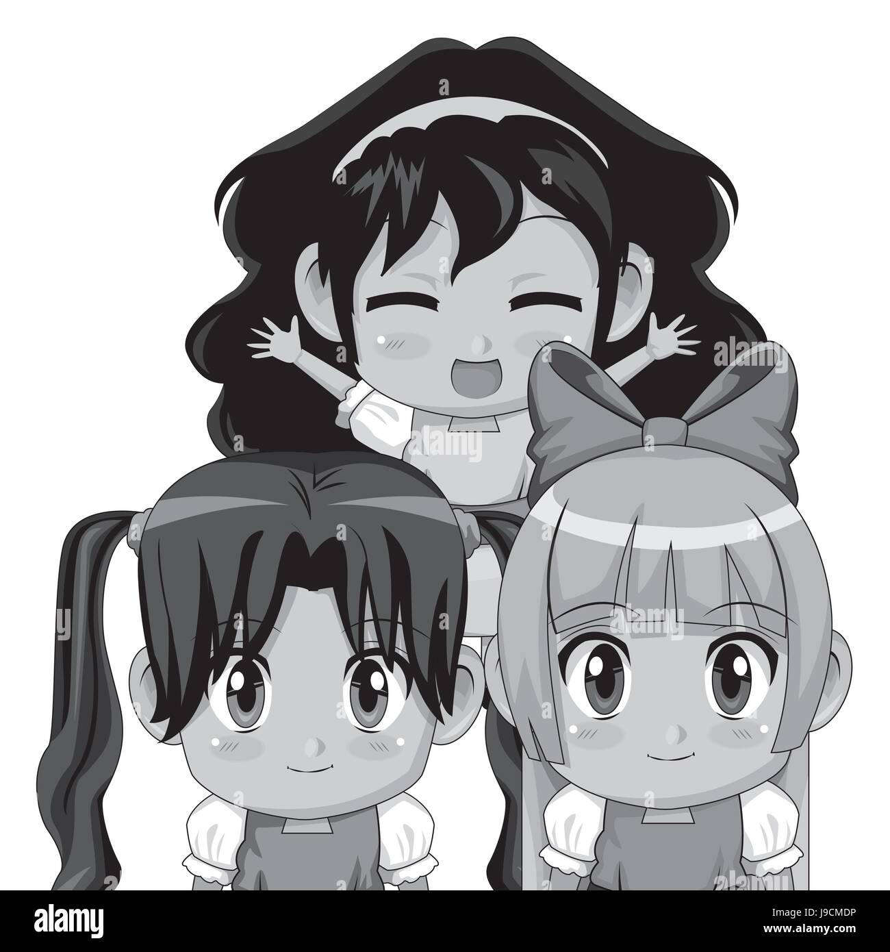 monochrome set three half body cute anime tennagers girls facial expression Stock Vector