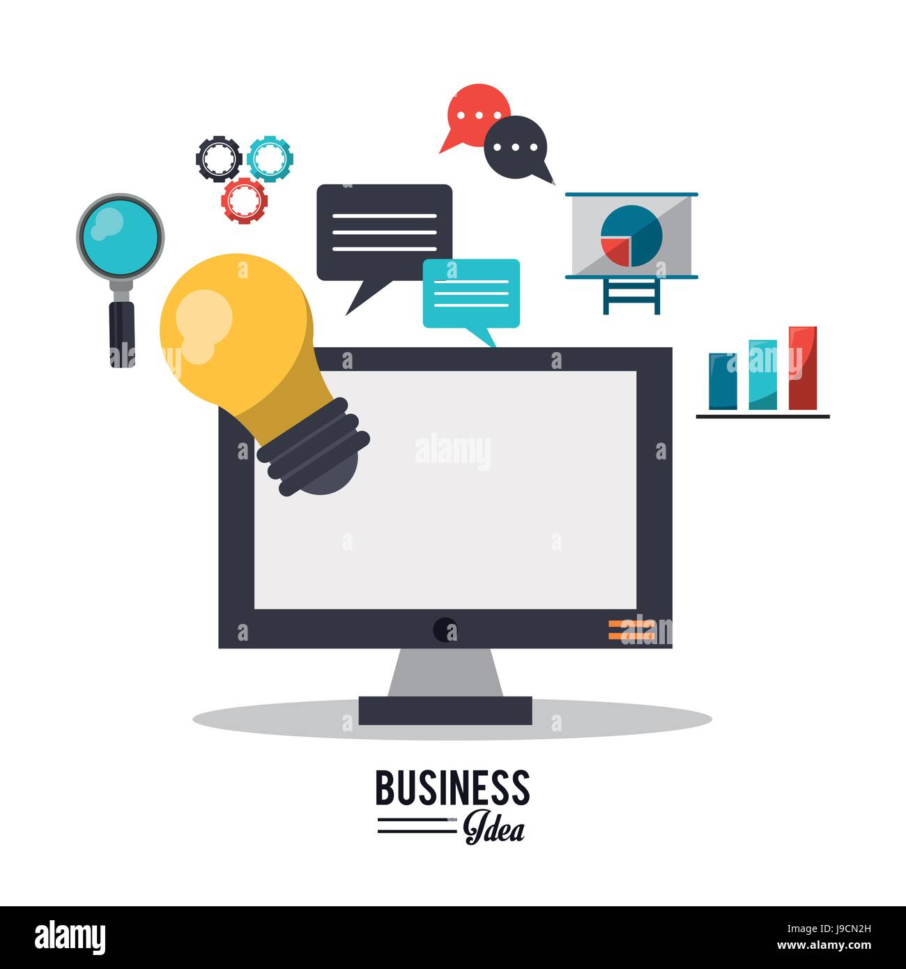 colorful poster of business idea with desktop computer and several