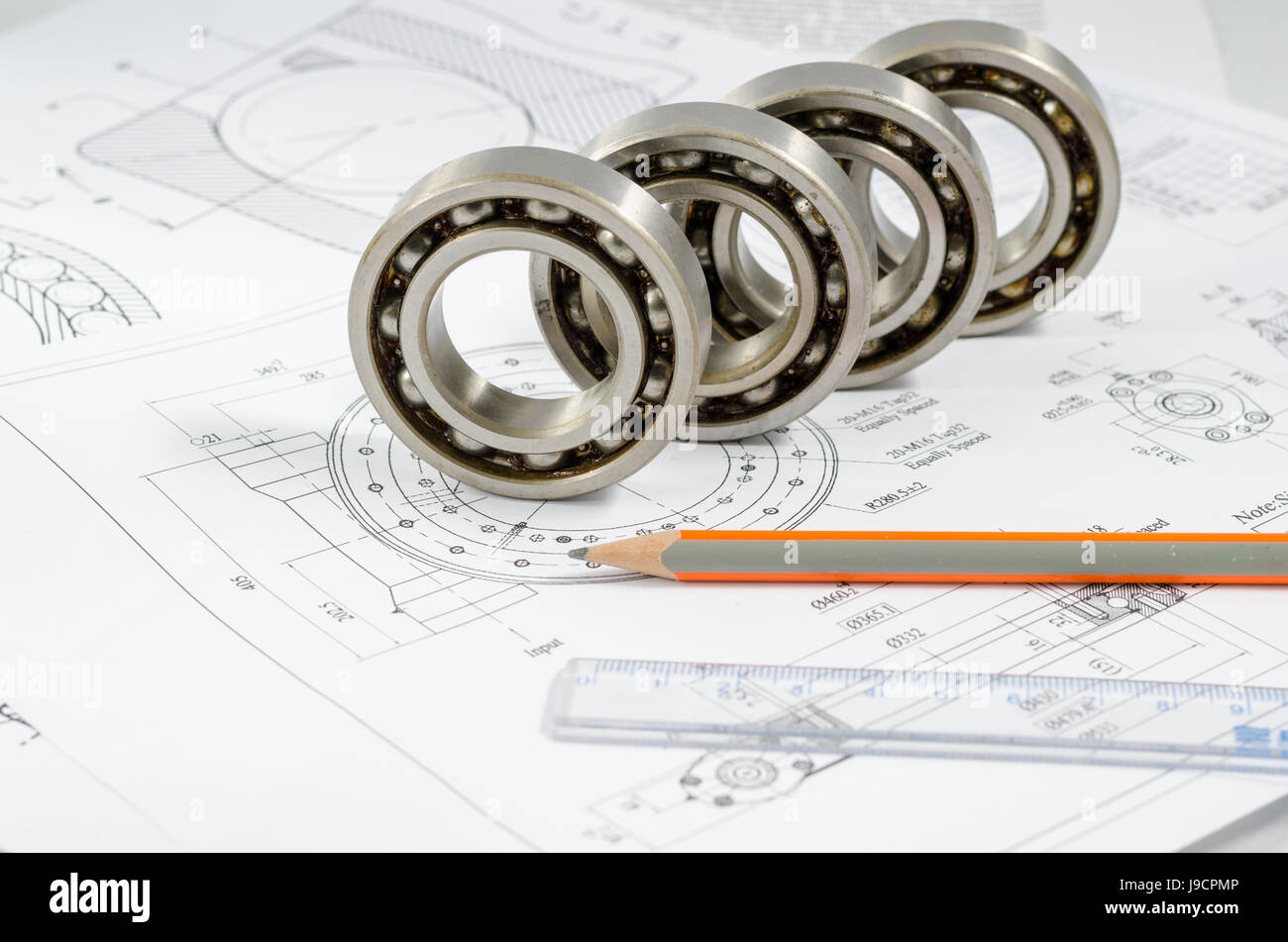 Technical drawings with the Ball bearings Stock Photo