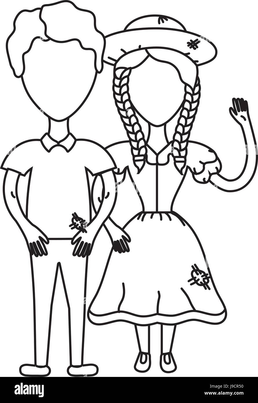 line cute brazilian couple with hat and typical clothes Stock Vector