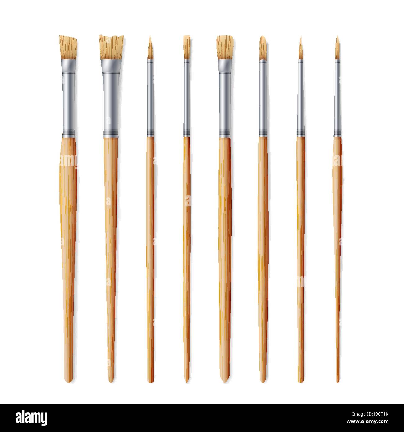 Realistic Artist Paintbrushes Set. Fan, Flat, Angle Brush. Watercolor