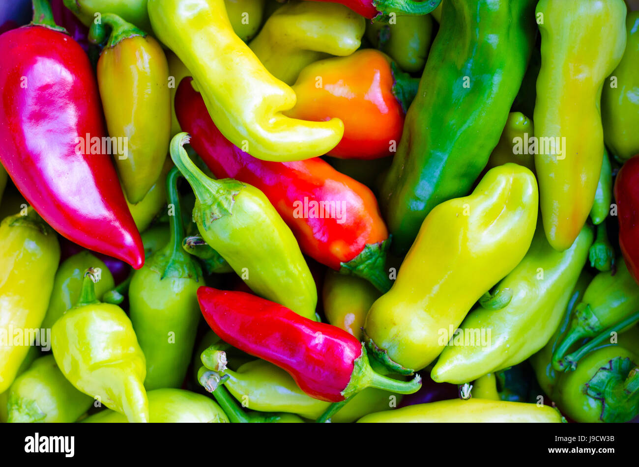Yellow, green and red colorful bell peppers, natural background Stock Photo