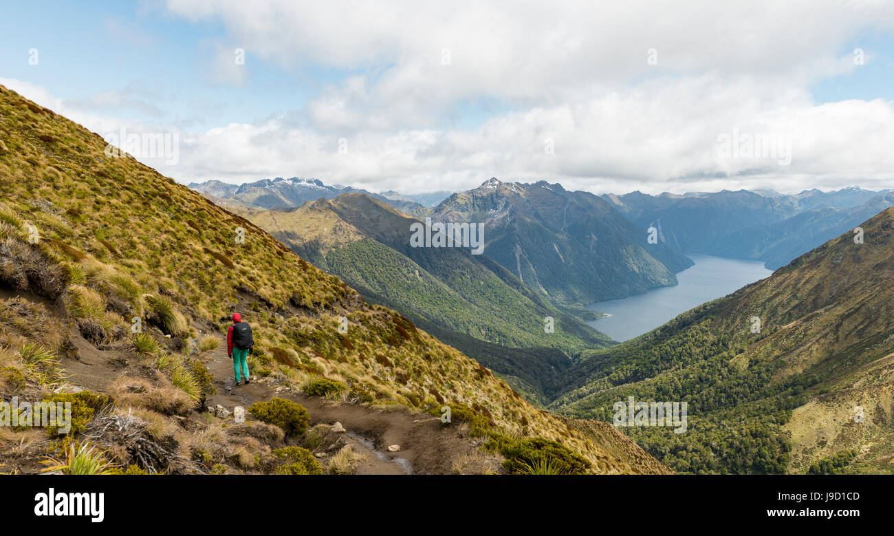 Hiker, South Fiord of Lake Te Anau, Murchison Mountains, Southern Alps in background, Kepler Track, Fiordland National Park Stock Photo