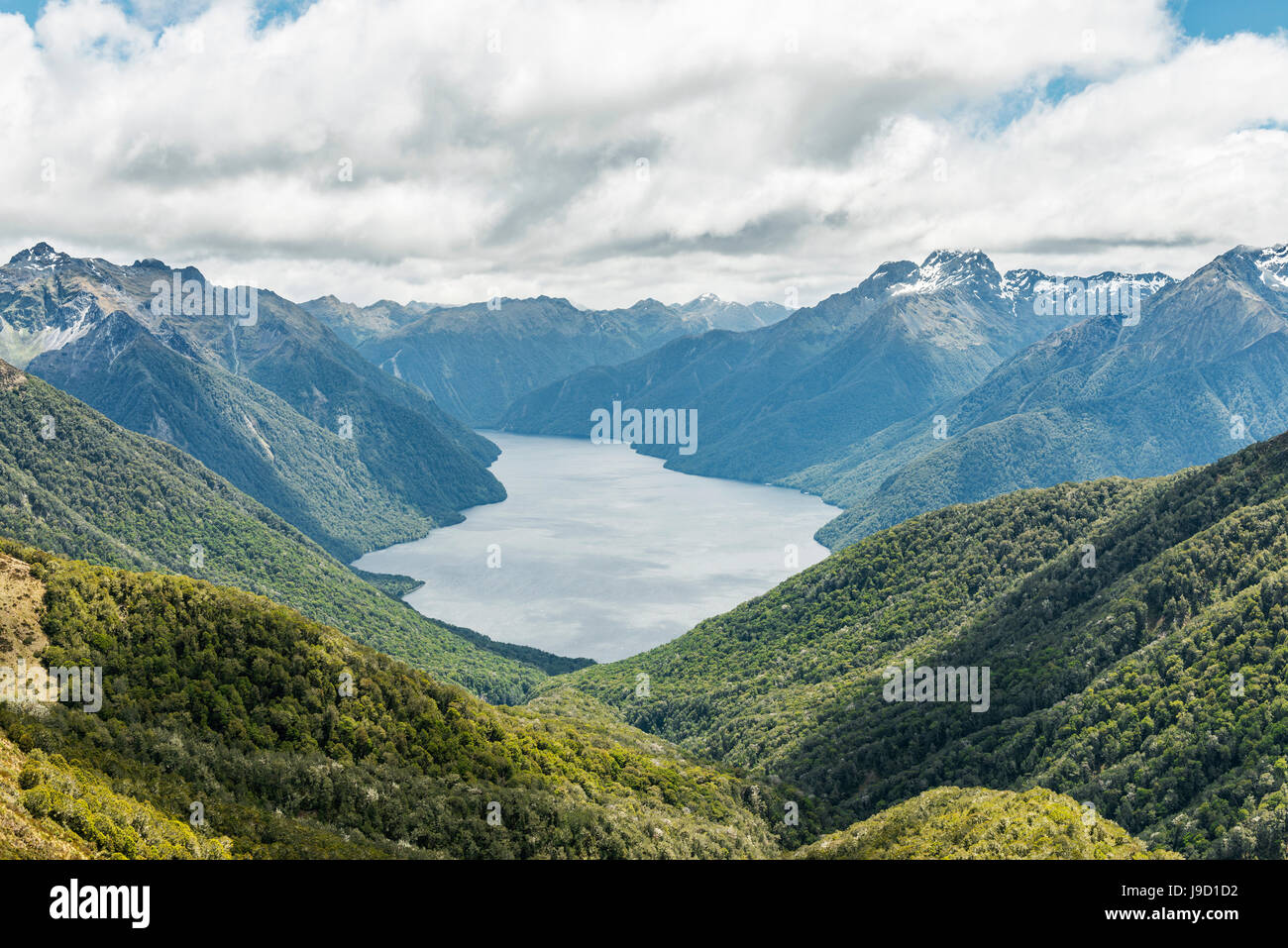 South Fiord of Lake Te Anau, Murchison Mountains, Southern Alps at back, Kepler Track, Fiordland National Park, Southland Stock Photo