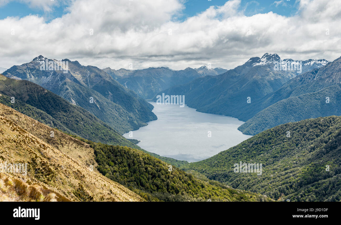 South Fiord of Lake Te Anau, Murchison Mountains, Southern Alps at back, Kepler Track, Fiordland National Park, Southland Stock Photo