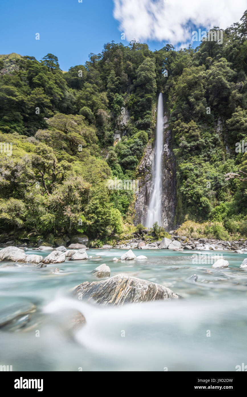 Thunder Creek Waterfall, Makarora River, Wanaka, Westcoast, South Island, New Zealand, Oceania Stock Photo