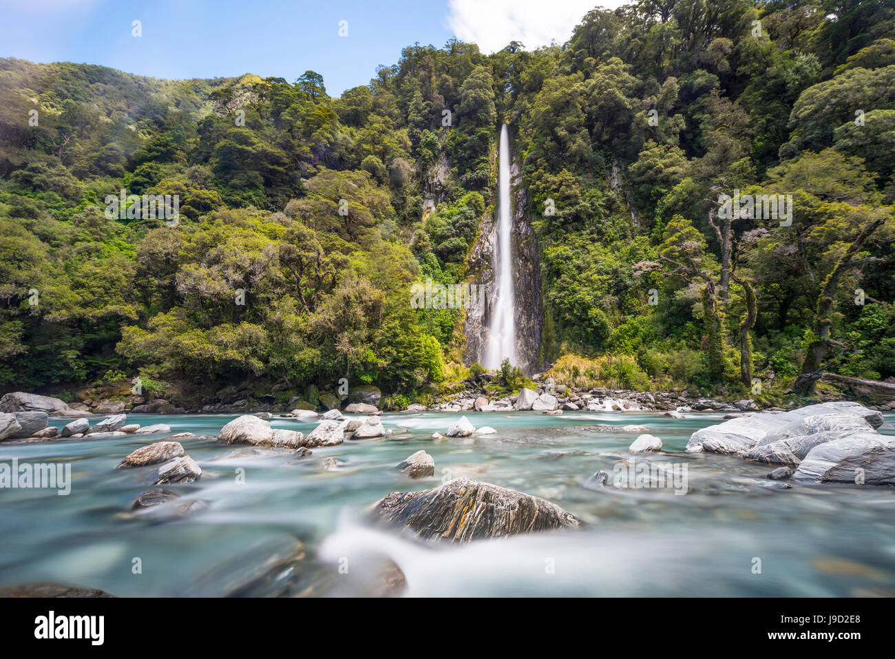 Thunder Creek Waterfall, Makarora River, Wanaka, Westcoast, South Island, New Zealand, Oceania Stock Photo