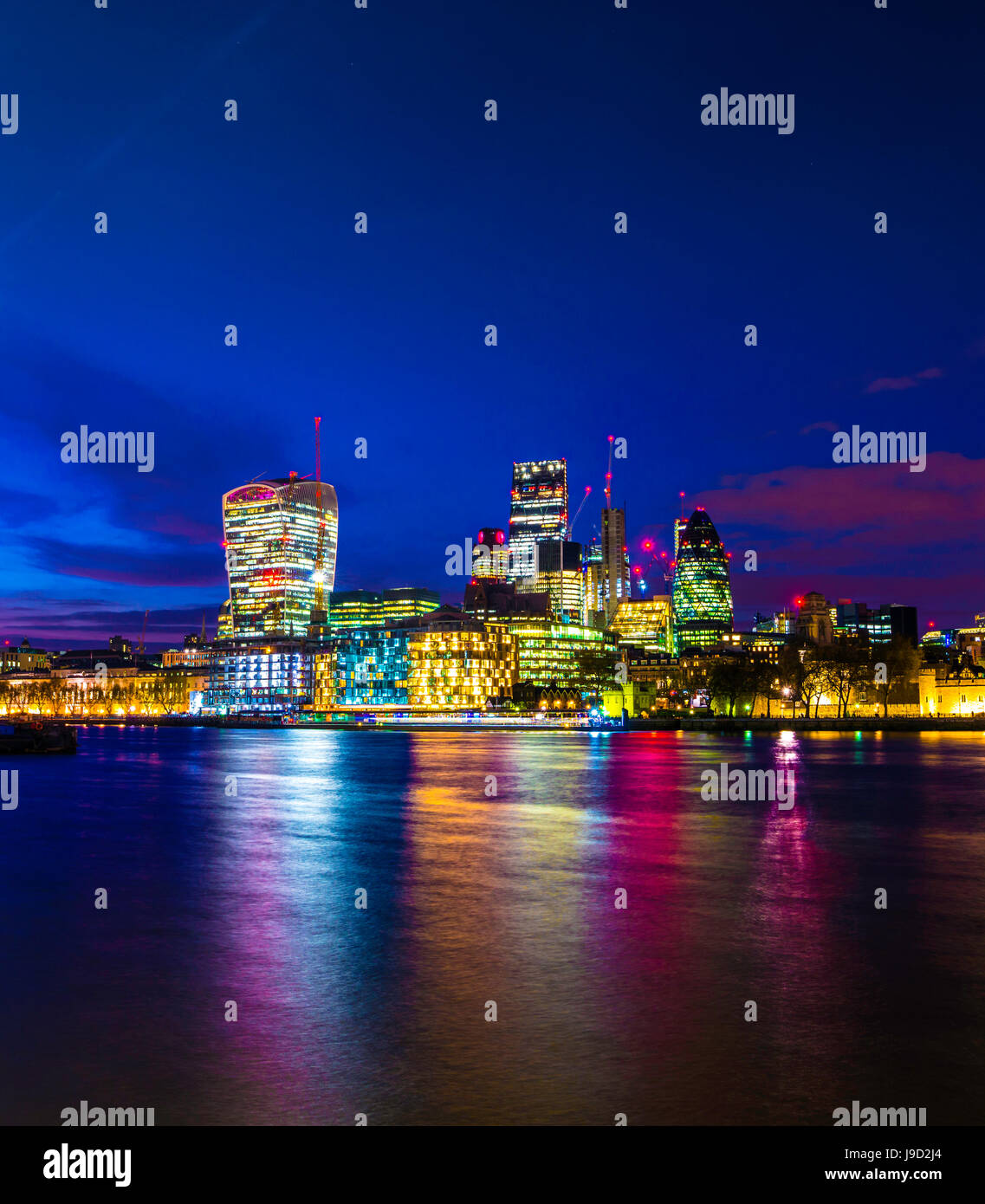 Skyline of the City of London, with Gherkin, Leadenhall Building and Walkie Talkie Building, night shot, London, England Stock Photo