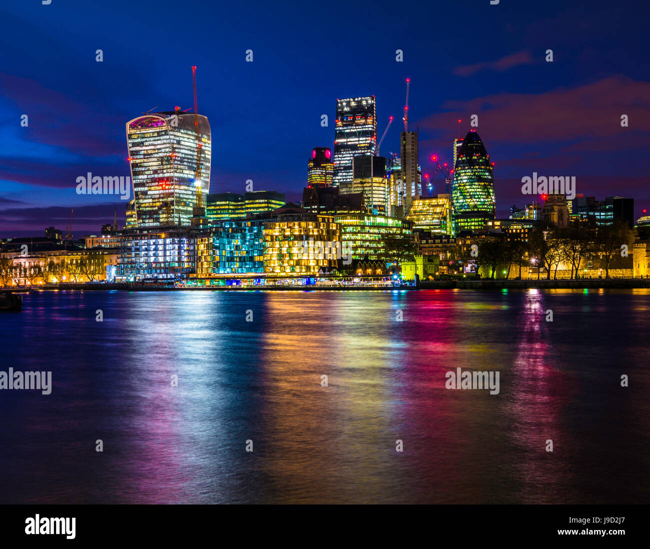 Skyline of the City of London, with Gherkin, Leadenhall Building and Walkie Talkie Building, night shot, London, England Stock Photo