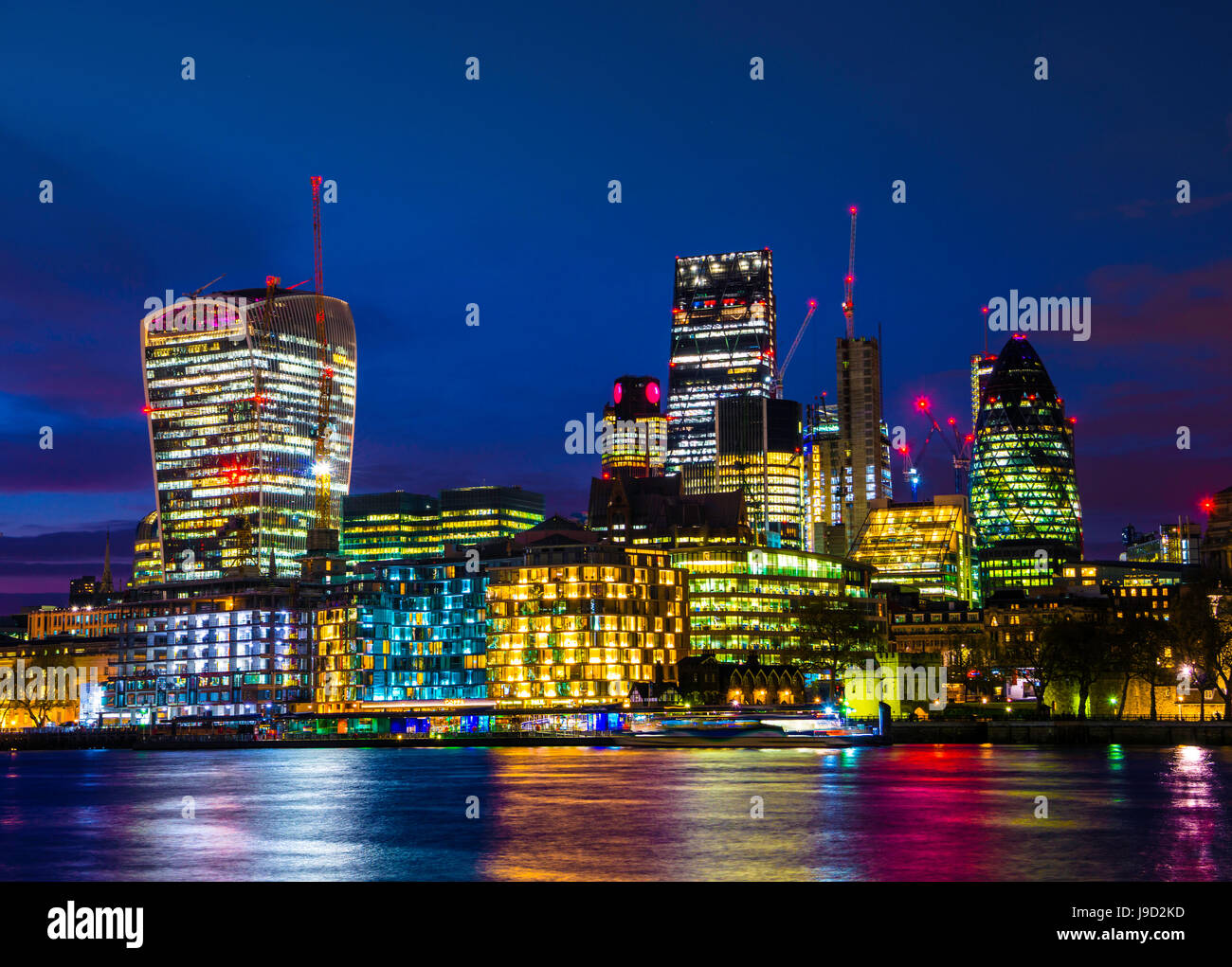 Skyline of the City of London, with Gherkin, Leadenhall Building and Walkie Talkie Building, night shot, London, England Stock Photo