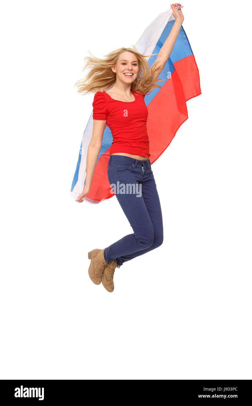woman, spring, bouncing, bounces, hop, skipping, frisks, jumping, jump, flag, Stock Photo