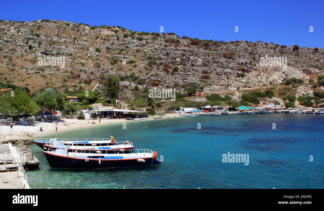 Agios Nikolaos port and the beach on Zakynthos island, Greece Stock Photo