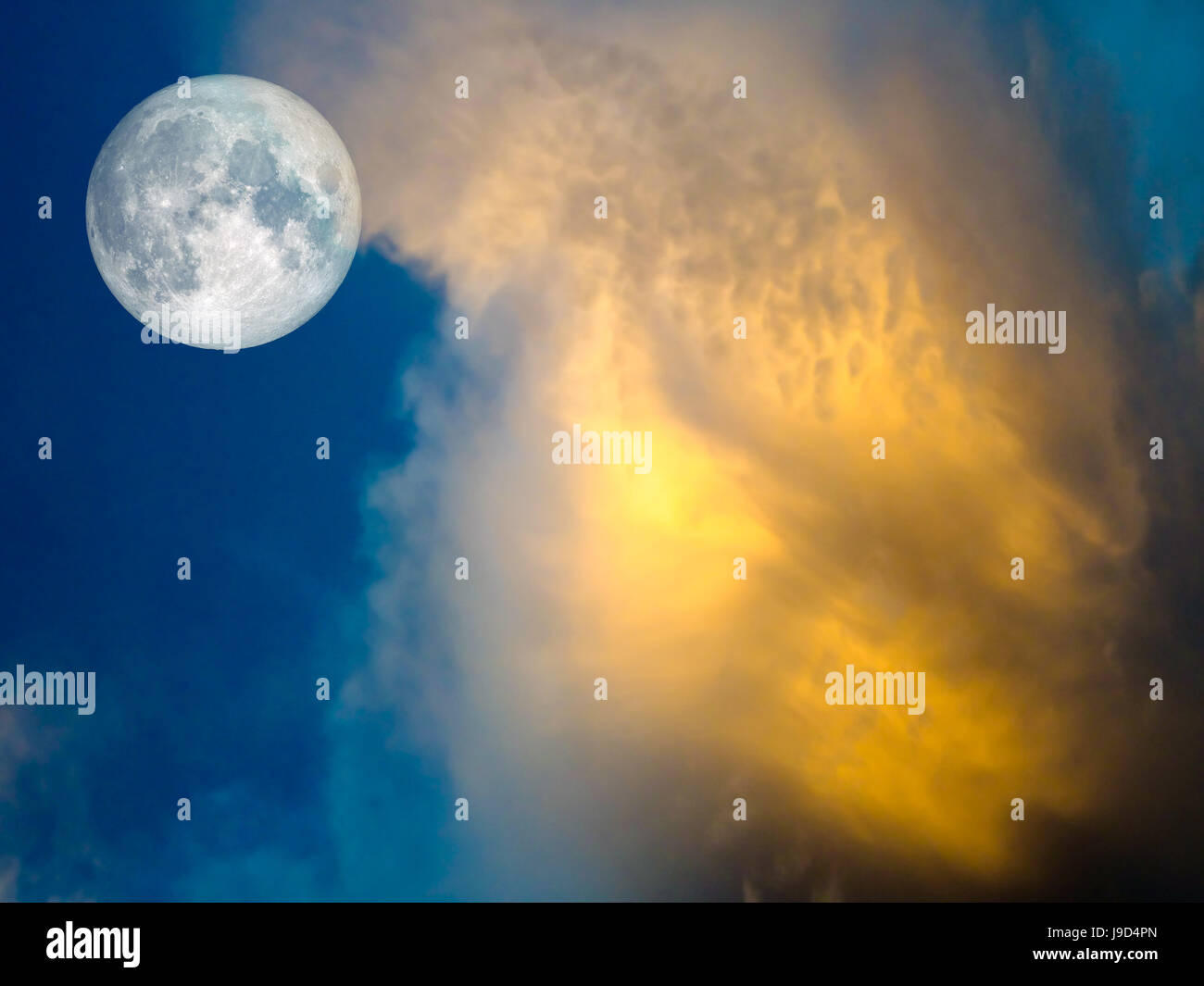 Full Moon Gold Cloud In The Blue Sky Light Of Sunset In Evening Stock Photo Alamy