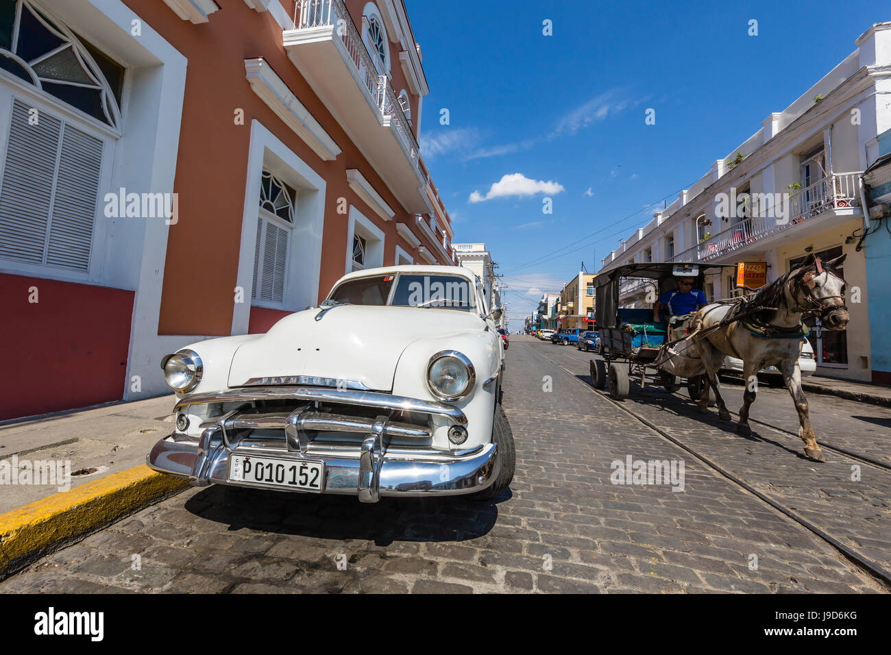 Classic 1950's Plymouth taxi, locally known as almendrones in the town of Cienfuegos, Cuba, West Indies, Caribbean Stock Photo