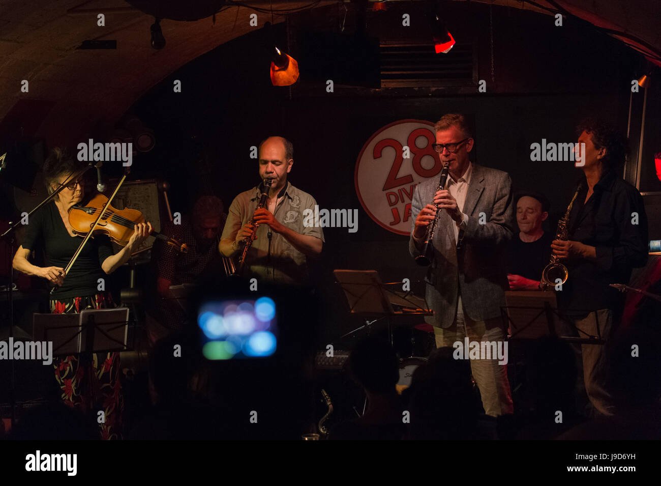 Rome, Italy. 01st June, 2017. The band composed by: Alberto Popolla with clarinet and basso clarinet, Errico De Fabritiis with high sax and baritone, Gianfranco Tedeschi at double bass and Fabrizio Spera on drums, performed on 31/5/2017 on the stage of the 28DiVino jazz club in Rome. With them on stage Ig Henneman to violet and Ab Baars to tenor sax, clarinet and shakuhachi. Credit: Leo Claudio De Petris/Pacific Press/Alamy Live News Stock Photo
