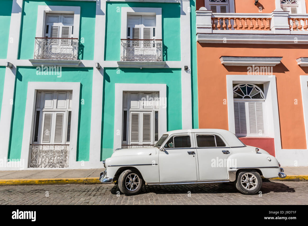 Classic 1950s Plymouth taxi, locally known as almendrones in the town of Cienfuegos, Cuba, West Indies, Caribbean Stock Photo
