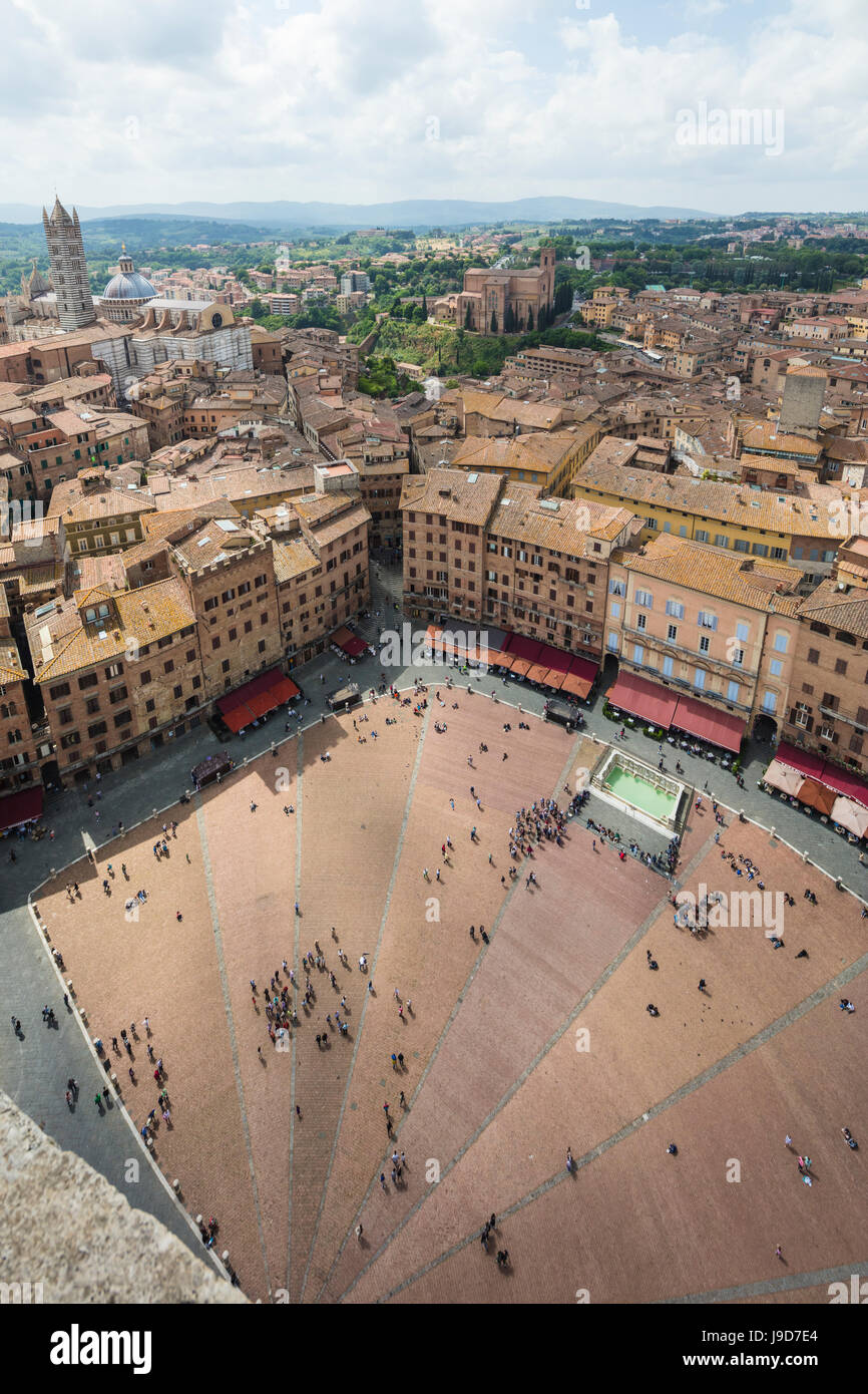 Top view of Piazza del Campo with the historical buildings and The Fonte Gaia fountain, Siena, UNESCO, Tuscany, Italy Stock Photo