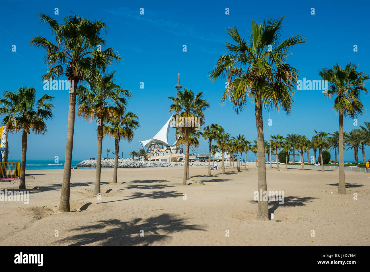 Palm fringed Marina beach, Kuwait City, Kuwait, Middle East Stock Photo