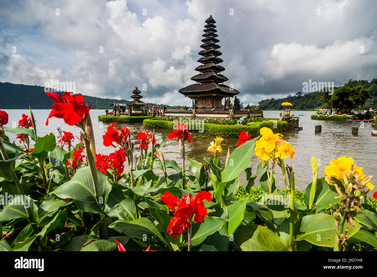 Blooming flowers before the Pura Ulun Danu Bratan temple, Bali, Indonesia, Southeast Asia, Asia Stock Photo