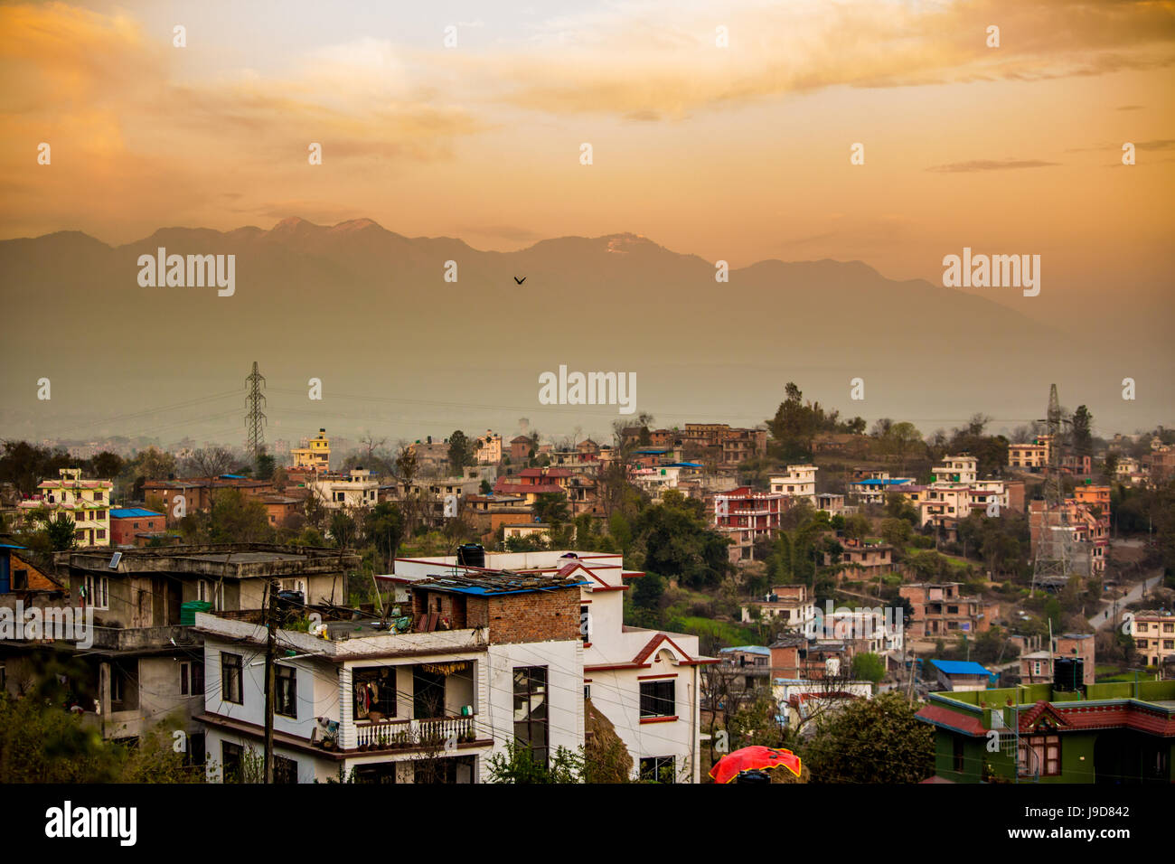 Sunrise over the medieval village of Bhaktapur (Bhadgaon), Kathmandu Valley, Nepal, Asia Stock Photo