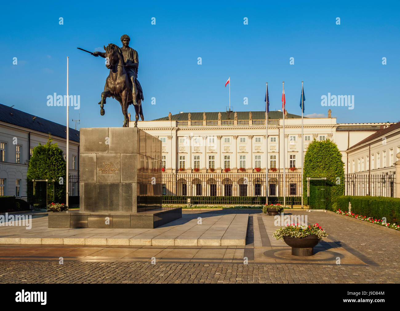 Krakowskie Przedmiescie Street, Presidential Palace and Prince Jozef Poniatowski Statue, Warsaw, Masovian Voivodeship, Poland Stock Photo