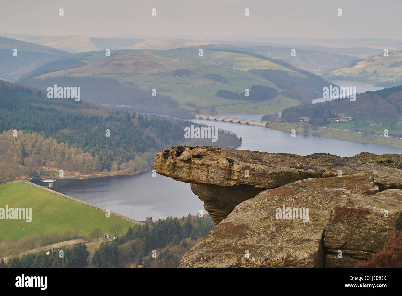 View from Hathersage Edge to Ladybower Reservoir and Derwent Valley, Peak District National Park, Derbyshire, England Stock Photo