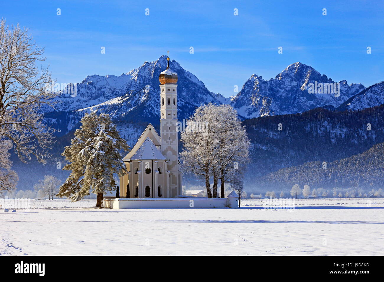 Church of St. Coloman and Tannheimer Alps near Schwangau, Allgau, Bavaria, Germany, Europe Stock Photo