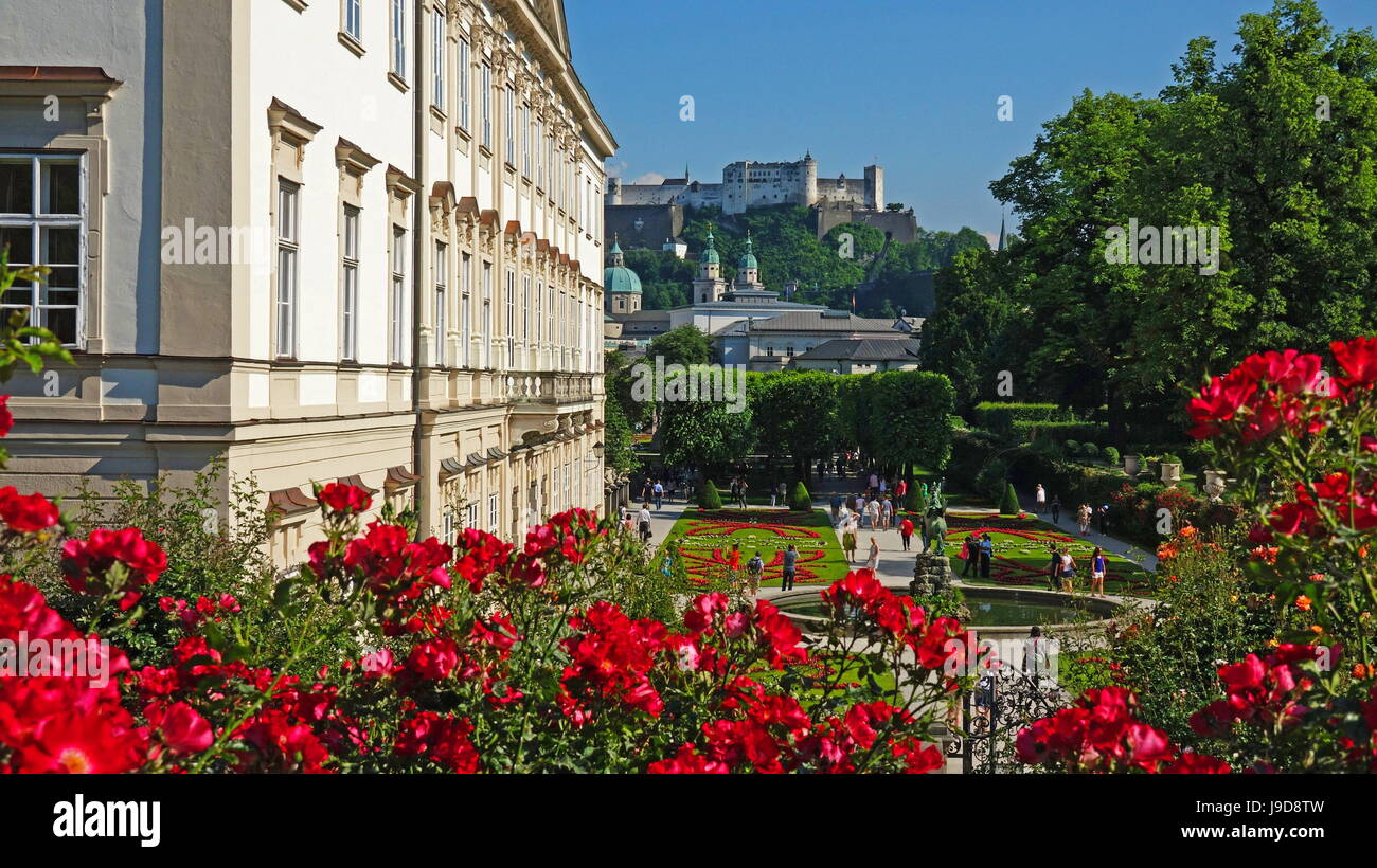 Mirabell Gardens against Fortress Hohensalzburg, Salzburg, Austria, Europe Stock Photo