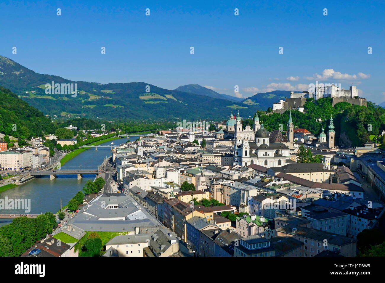 View from Moenchsberg Hill across Salzach River with Cathedral, Collegiate Church and Fortress Hohensalzburg, Salzburg, Austria Stock Photo