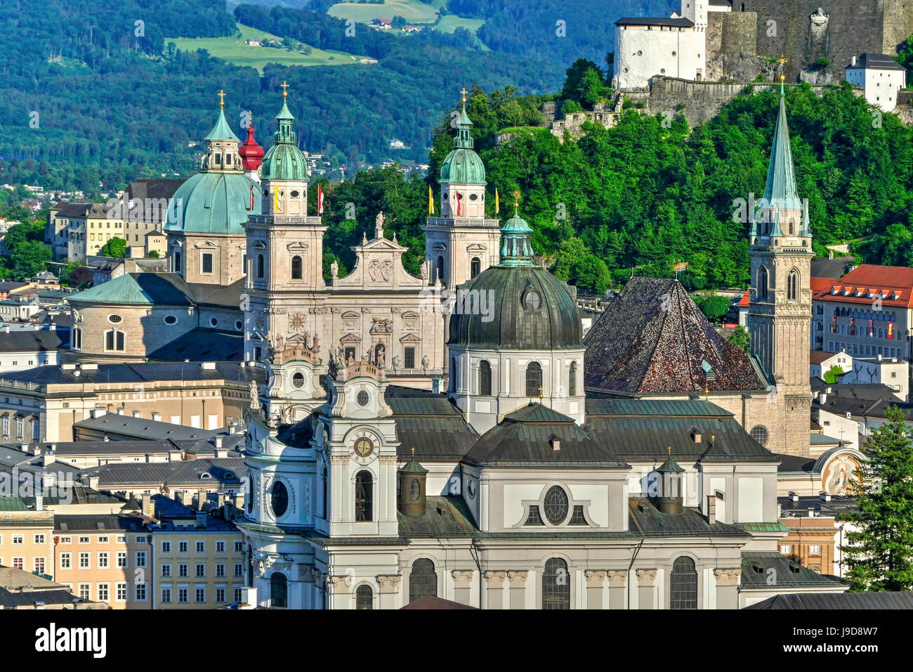 View towards Salzburg Cathedral, Collegiate Church and Fortress Hohensalzburg, Salzburg, Austria, Europe Stock Photo