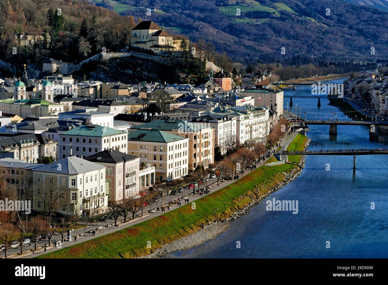 Salzach River and Kapuzinerberg Hill, Salzburg, Austria, Europe Stock Photo
