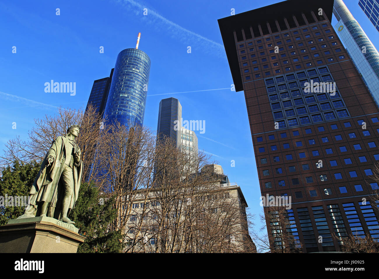 Schiller Monument and Financial District, Frankfurt am Main, Hesse, Germany, Europe Stock Photo