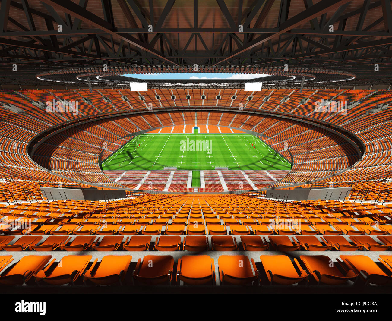 3D render of a round rugby stadium with orange seats and VIP boxes for hundred thousand people Stock Photo