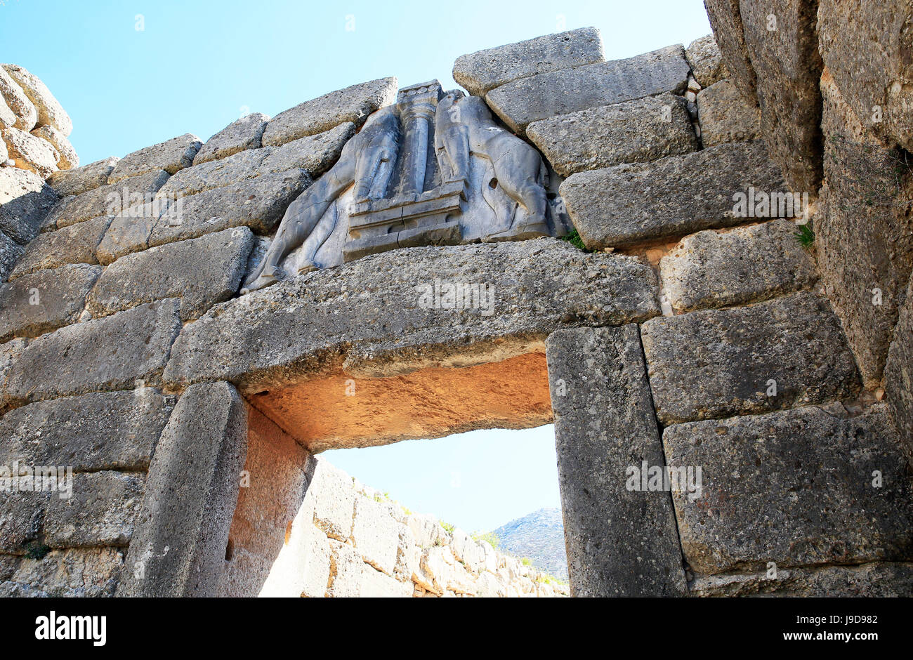 The Lions' Gate in the ruins of the ancient city of Mycenae, UNESCO World Heritage Site, Peloponnese, Greece, Europe Stock Photo