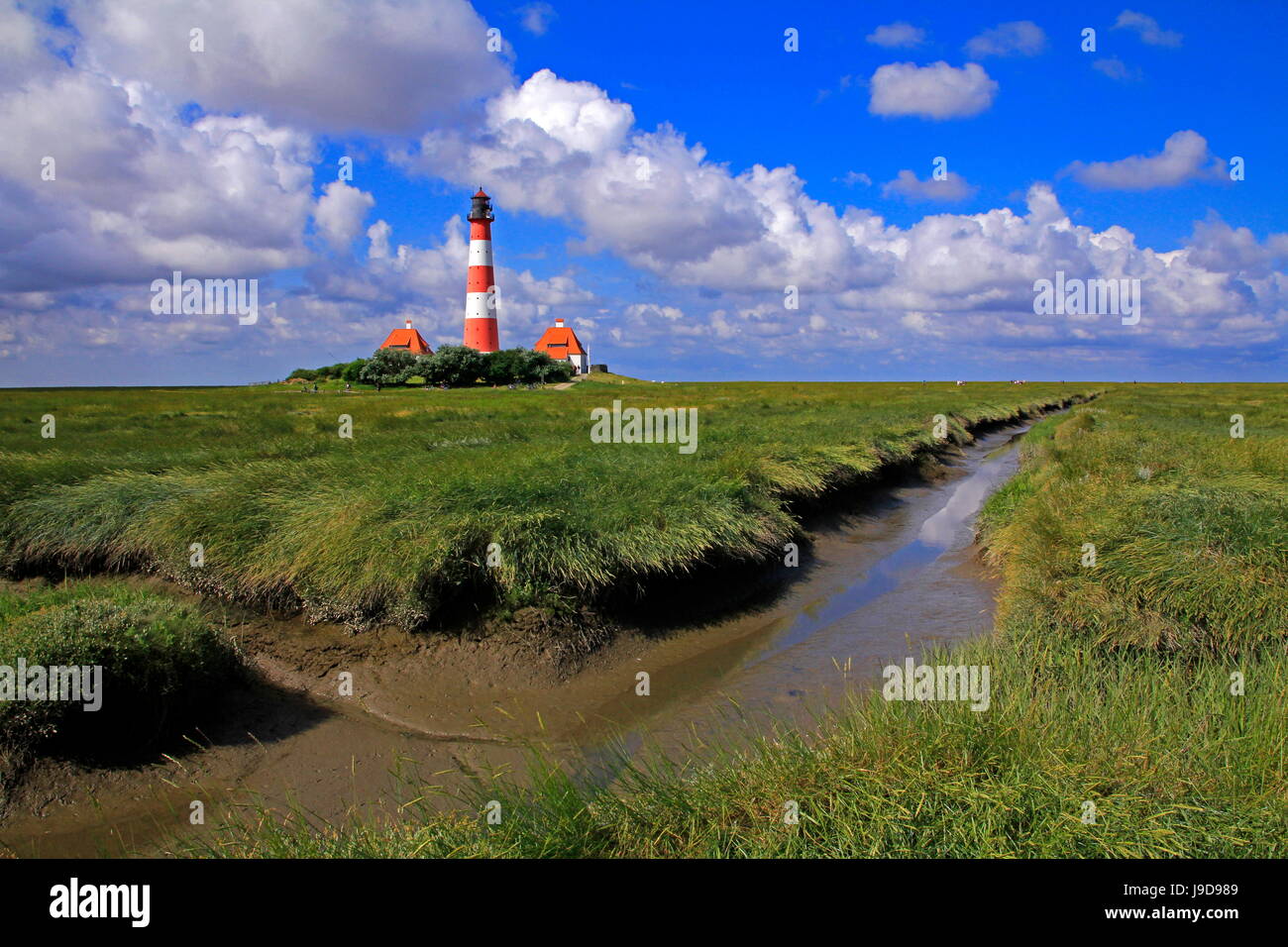 Lighthouse in the Wadden Sea National Park, Westerhever, Schleswig-Holstein, Germany, Europe Stock Photo