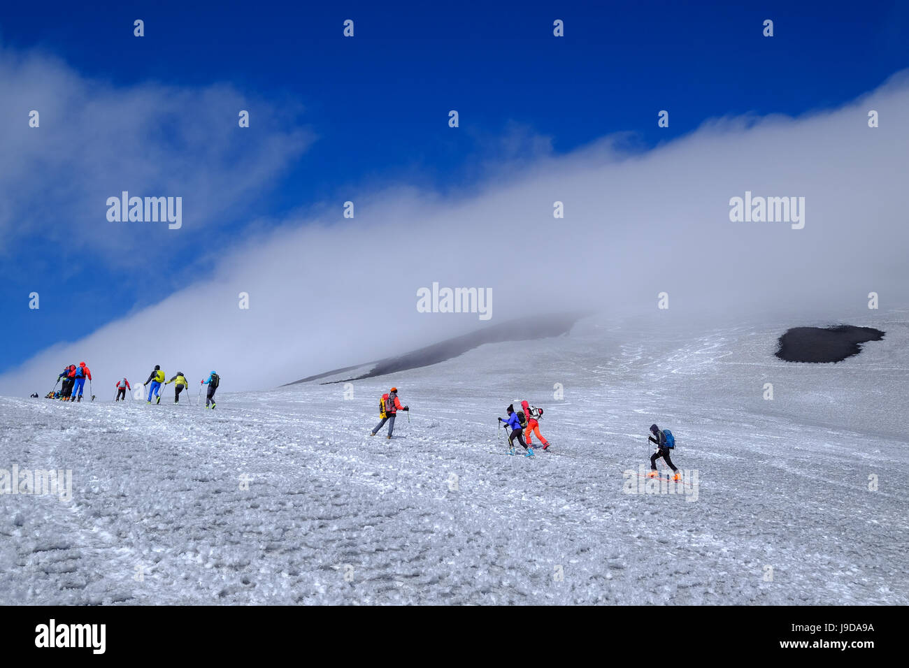 Ski mountaineering on Mount Etna, UNESCO World Heritage Site, Catania, Sicily, Italy, Europe Stock Photo