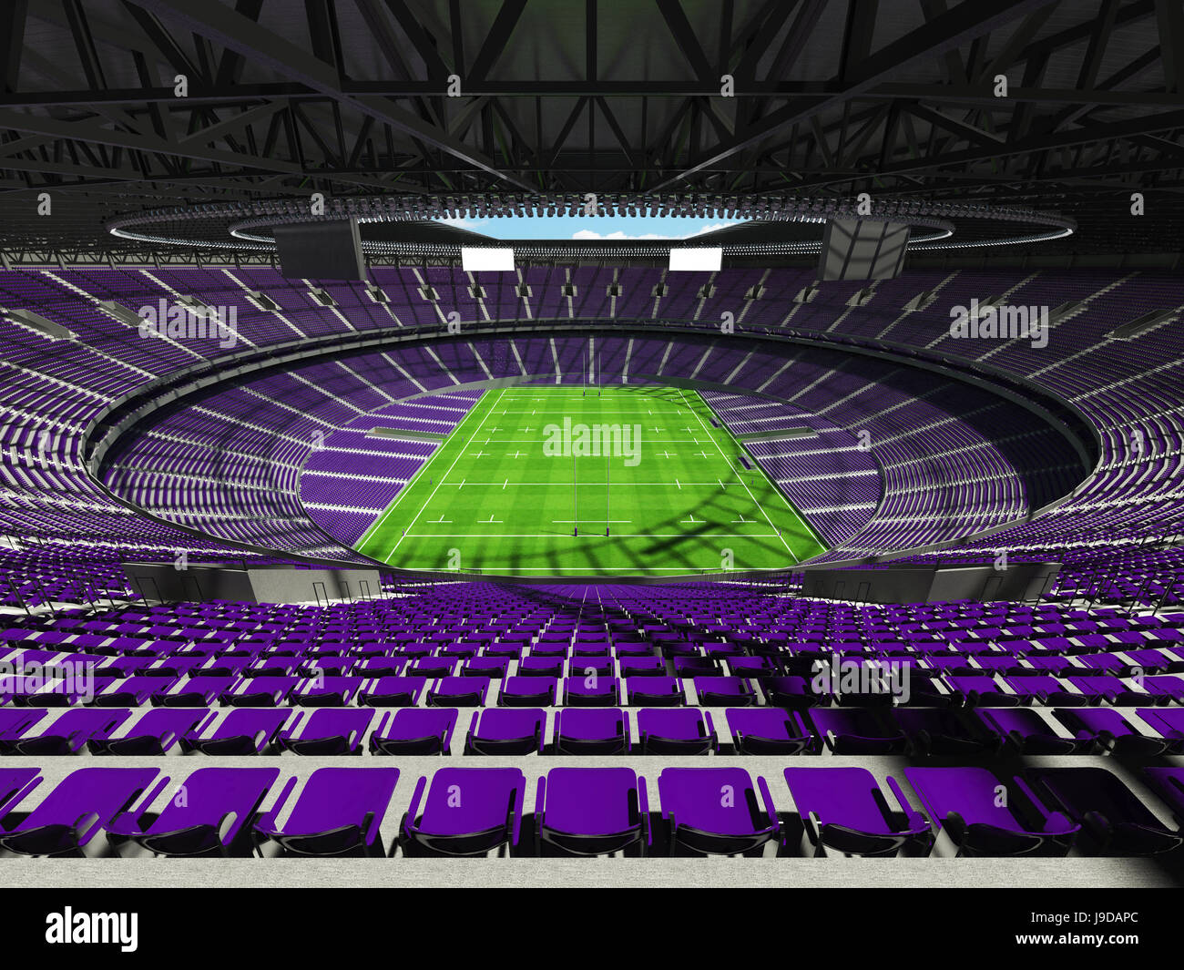 3D render of a round rugby stadium with purple seats and VIP boxes for hundred thousand people Stock Photo